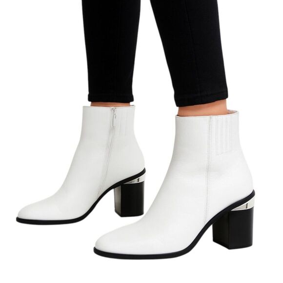 Alexander Wang Size 39.5 / US 9 Anna White Leather Bootie Block Heel with metal - Picture 1 of 16